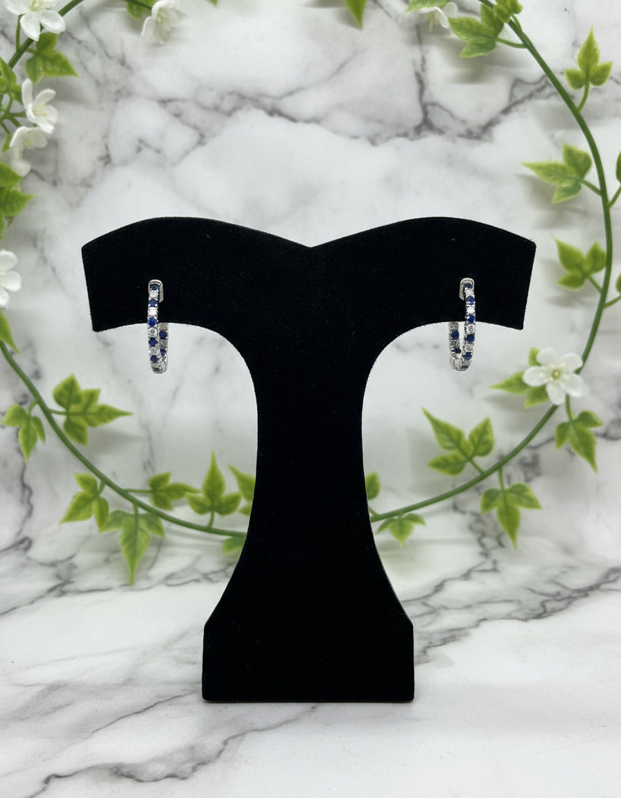 white gold huggie/hoop earrings with alternating blue sapphires and diamonds
