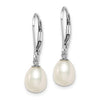 Sterling Silver Rhodium Plated 7-8mm White Freshwater Cultured Pearl Dangle Leverback Earrings