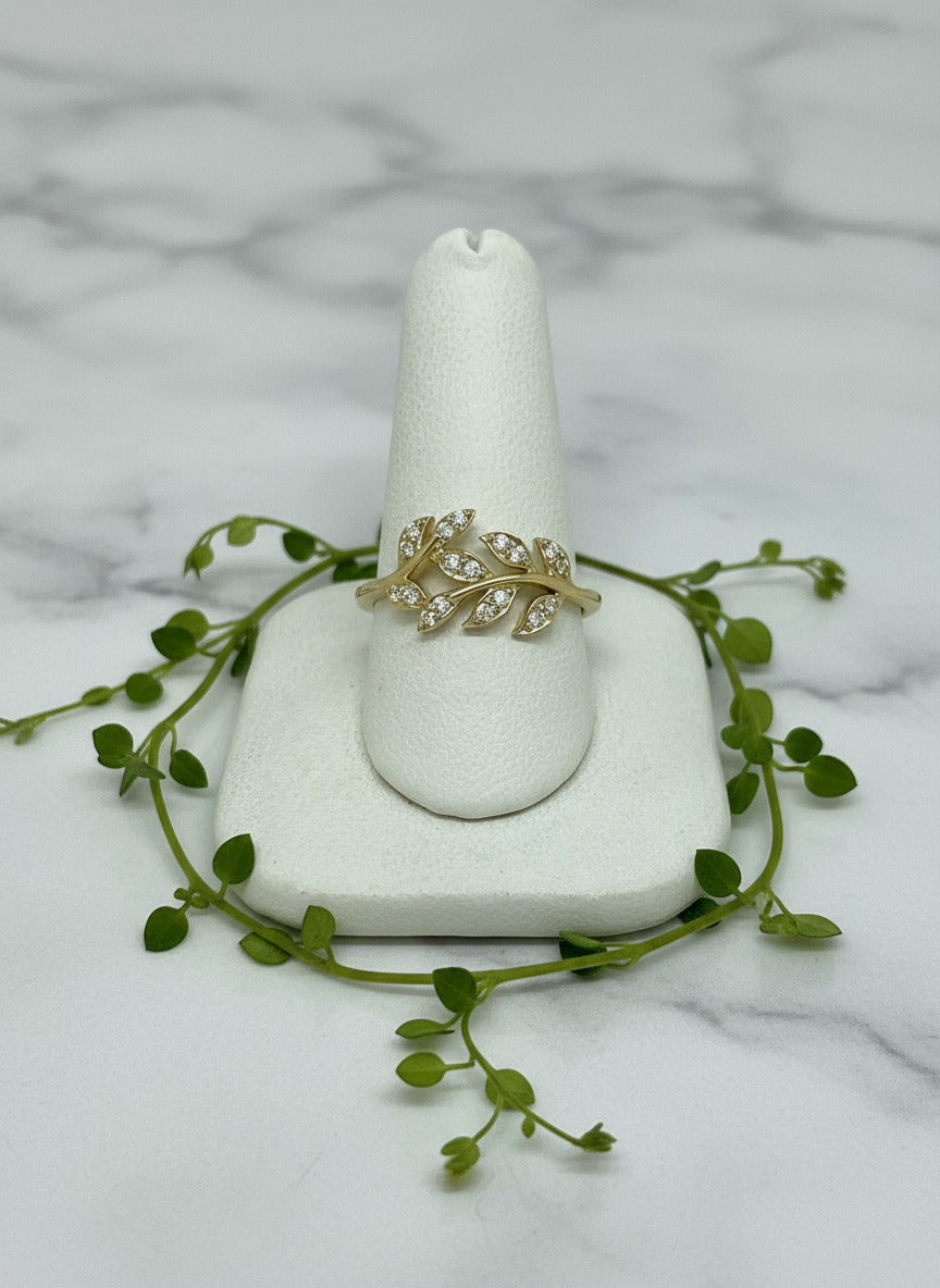 yellow gold leaf design ring with lab-grown diamonds