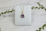 yellow gold necklace with cushion cut amethyst pendant 