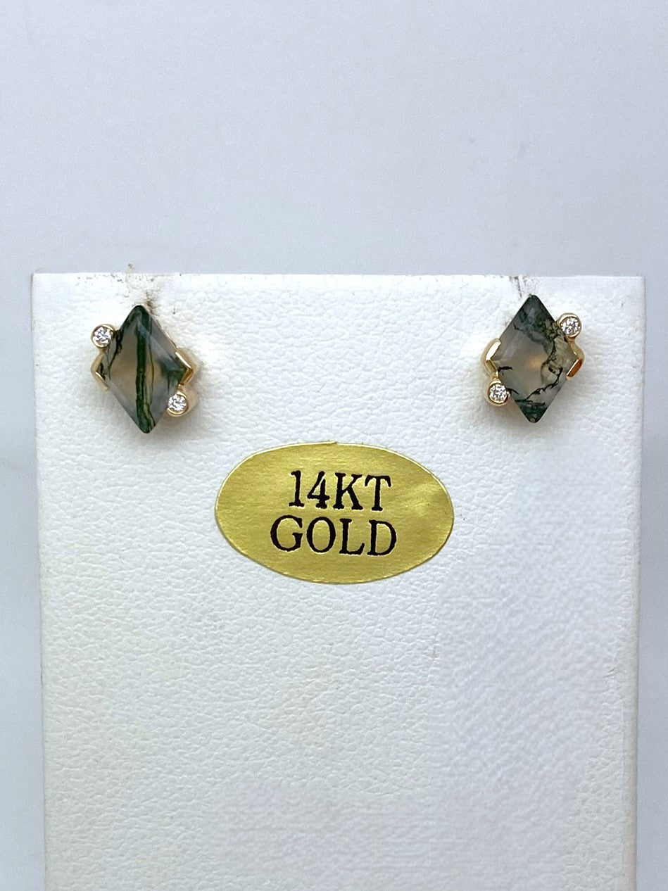 yellow gold stud earrings set with diamond-shaped moss agates and diamonds