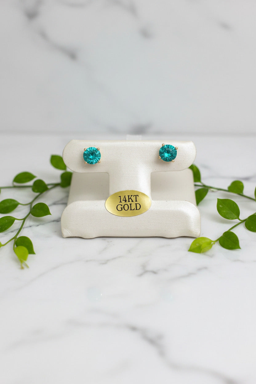 yellow gold stud earrings set with green lab-grown paraiba garnets